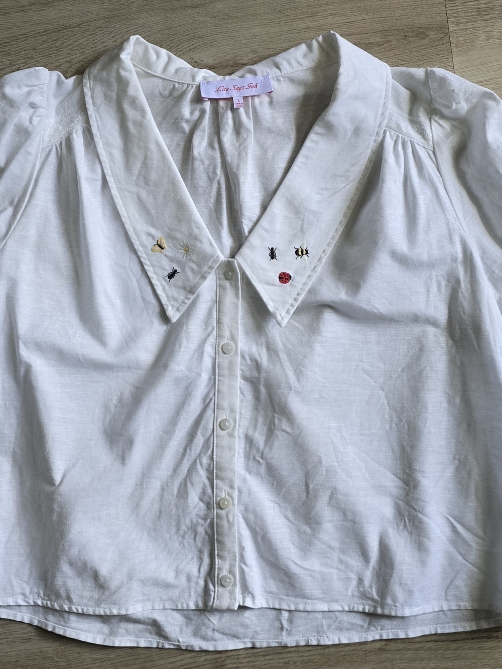 Lisa Says Gah White Button-Down Shirt with Tiny Embroidered Bugs